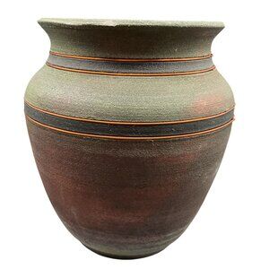 Handcrafted Ceramic Raku Vase With Earthy Tones & Brass Wire Signed Collis G '97